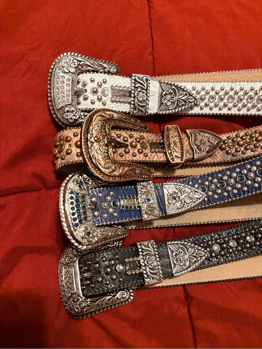 B.B. Simon Studded Western Leather Belts in White, Tan, Blue, and Black